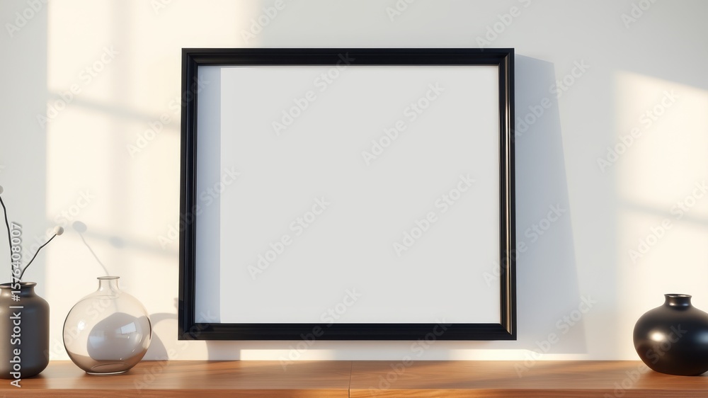 Poster Blank frame with vases on a wooden surface against a white wall with light patterns shining on it