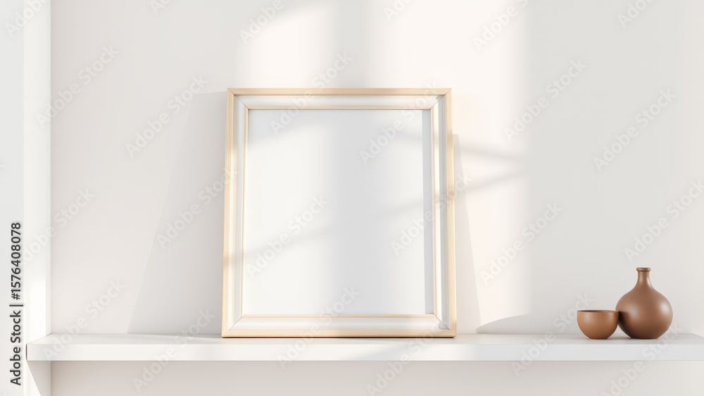 Poster a square frame with a white border sits on a shelf next to brown pottery in a minimalist setting