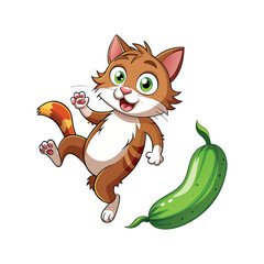 Scaredy Cat Jumping in Fear at Cucumber Prank Funny Pet Reaction Vector Illustration on White Background