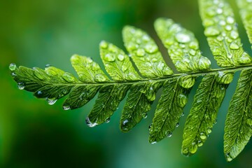 Macro shot of a vibrant green fern leaf covered in fresh water droplets. The detailed texture of the foliage and the dewdrops create a fresh and calming natural scene, perfect for themes of nature, pu