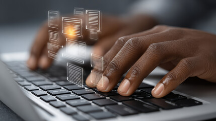 Ai-enhanced human workflow interface modern office digital interaction closeup perspective floating elements