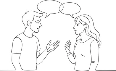 Young Man and Woman Talking with Speech Bubbles Line Drawing for Dialogue Theme