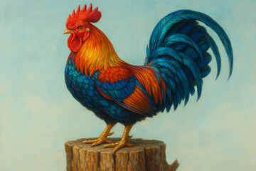 Fototapeta premium Majestic rooster with vibrant blue and orange feathers perched on a tree stump