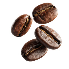 Roasted coffee beans falling against transparent background