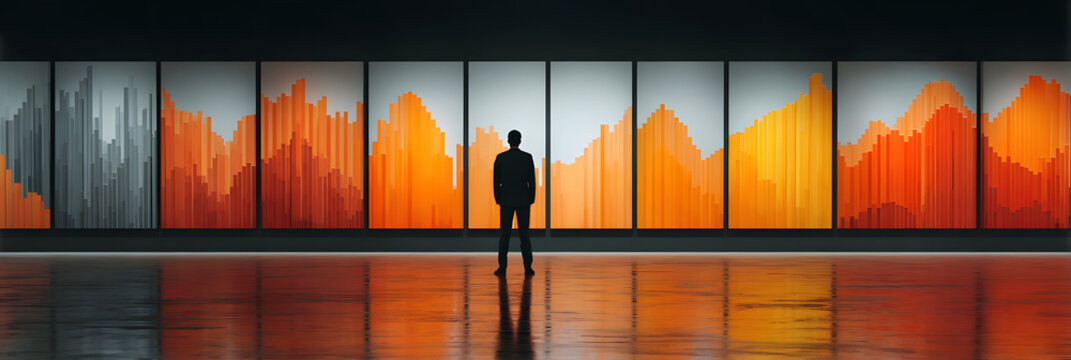 A businessman standing in front of a large presentation screen, analyzing sales data and discussing strategies for optimizing performance and driving revenue growth.