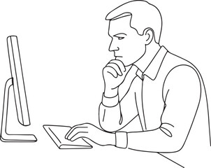 Office Worker Focused on Computer Line Drawing for Productivity Theme