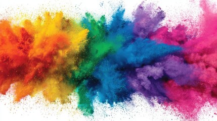 Vibrant multicolored powder explosion with bright rainbow hues on white background