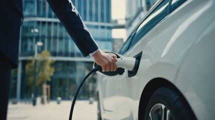 Businessperson Charging Electric Car Outdoors Near Modern Office Buildings Du Daylight