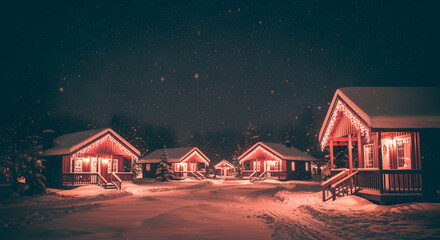 Enchanting Red Cabins Aglow in Snowy Winter Night Landscape – Cozy Christmas Village Scene with Warm Lights and Falling Snow