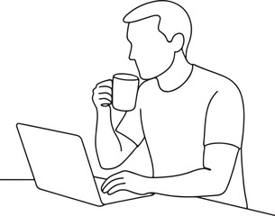 Man Sitting with Laptop and Coffee Line Drawing for Remote Work Concept