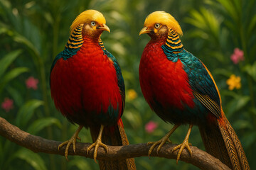 Obraz premium Two vibrant golden pheasants with striking red and teal plumage perched on a branch
