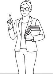 Female Teacher with Books Line Drawing for Academic Illustration