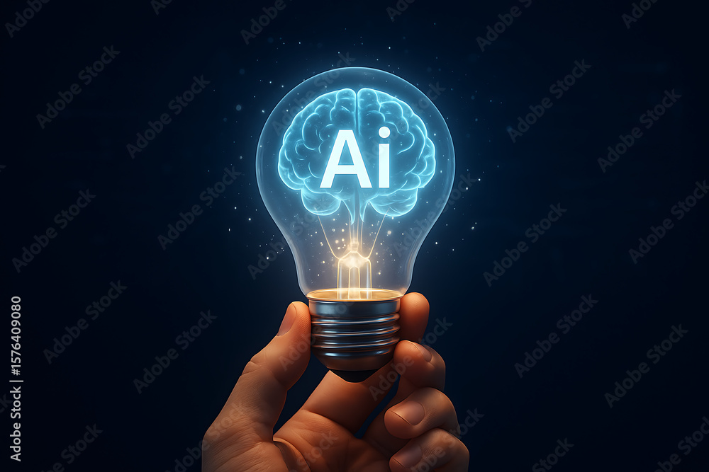 Poster concept of artificial intelligence innovation symbolized by brain shaped glowing bulb held in hand r