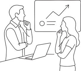 Modern Employees Watching Whiteboard Line Drawing for Brainstorming Session