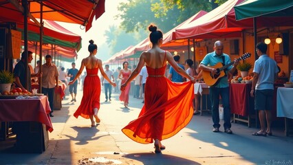 Vibrant Outdoor Market Scene with Dancers in Red Dresses and Musician