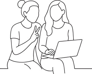 Two Women Watching Laptop Line Drawing for Collaboration and Online Work