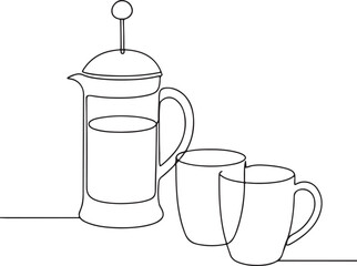 Coffee French Press with Mugs Line Drawing for Café and Beverage Concept