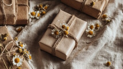 Fototapeta premium Rustic Gift Box Wrapped with Twine and Daisies on Natural Fabric Surface