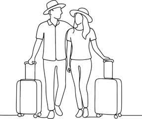Traveling Couple with Luggage Line Drawing for Vacation and Journey Theme