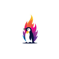 Dynamic Penguin Blaze Graphic. This captivating animal stands amidst a vibrant, multi-hued inferno, symbolizing passion, endurance, and unexpected power. A striking emblem.