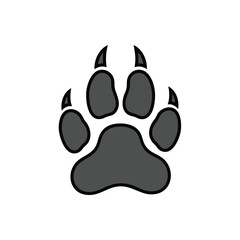 Wild Canine Paw Print Vector Icon. Stylized dark grey animal footprint with visible claws on a clean white background. This emblem signifies strength, untamed spirit, and wilderness exploration.
