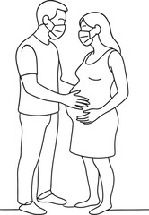 Pregnant Woman and Man with Face Masks Line Drawing for Health Awareness Concept