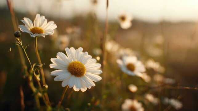 Beautiful wild daisies blooming in a sunlit field du golden hour for nature photography
