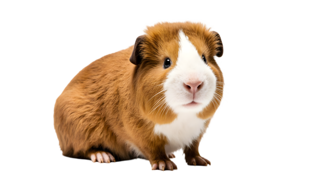 A charming and adorable brown and white domestic cavy, also known as a guinea pig, sits calmly while looking forward on a pure white background