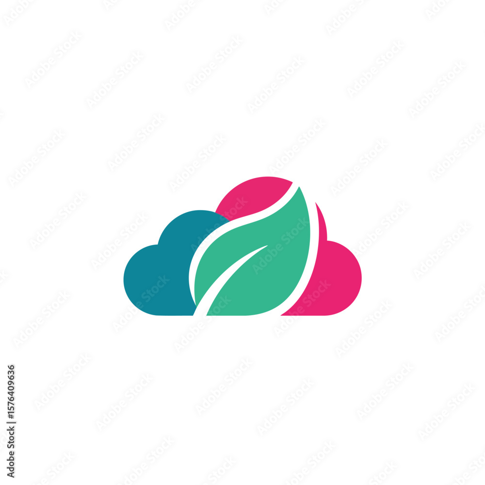 Aufkleber eco cloud leaf abstract design. a vivid emblem features a fresh plant element within dynamic digital
