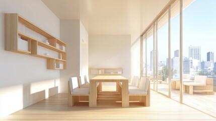 Fototapeta premium Bright spacious modern dining room with large overlooking cityscape and minimalist wooden furniture