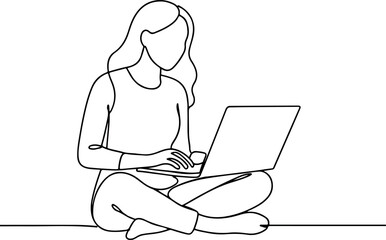 Woman Sitting with Laptop Line Drawing for Freelance and Work from Home Theme