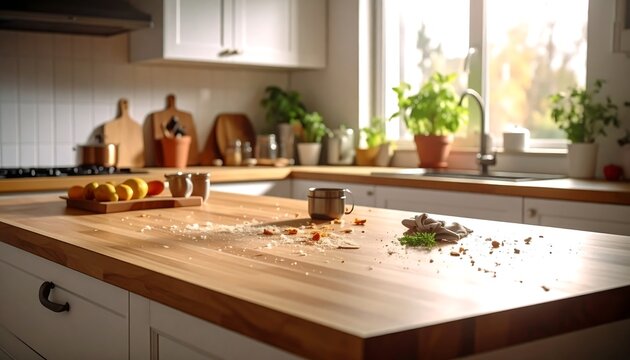 Messy kitchen countertop, crumbs, sunlight