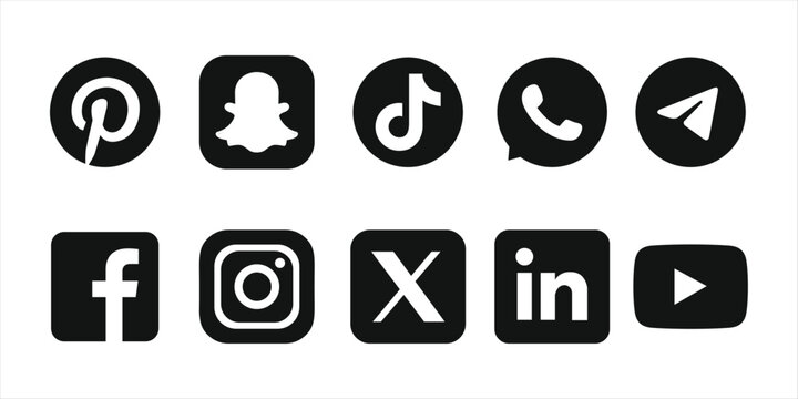 Facebook, twitter, instagram, youtube, snapchat, pinterest, whatsap, linkedin, vimeo - Round social media icons or social network logos flat vector icon set