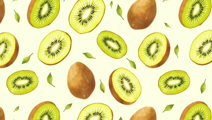 Fototapeta premium Bright and seamless pattern wallpaper design with mesmerizing kiwi image on soft white background.