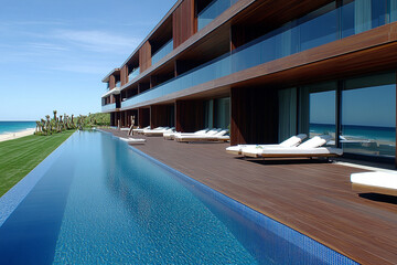 Fototapeta premium Luxury apartment building with serene pool and beach view