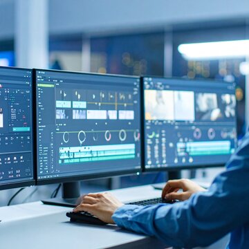 Video Editor Working on Multiple Monitors in Post-Production Studio