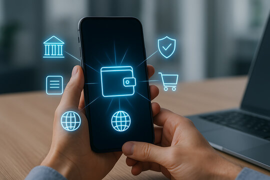 Person holding smartphone with glowing digital wallet icon and fintech symbols for banking payment shopping secure finance connectivity and online money management system