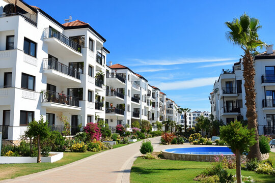 Luxury apartment complex with a pool and vibrant landscaping
