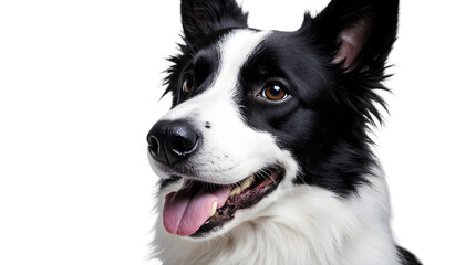 Fototapeta premium Close-up of a happy, attentive Border Collie dog with its mouth open and tongue out, looking to the side against a white background.