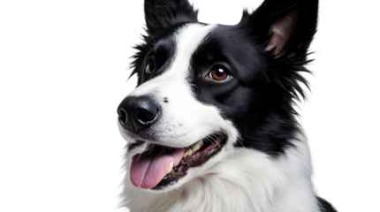 Close-up of a happy, attentive Border Collie dog with its mouth open and tongue out, looking to the side against a white background.