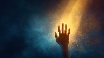 Hand reaching out through glowing illuminated dust particles with dark background