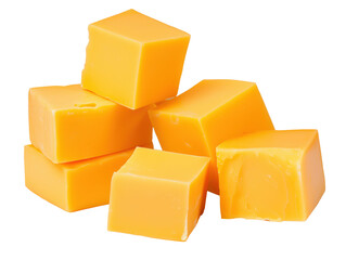 Cheddar cheese cubes piled up on transparent background
