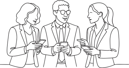 Team of Young Professionals with Smartphones Line Drawing for Workplace Collaboration