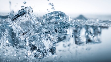 Obraz premium Close-up of melting ice cubes with water splashing and droplets on a reflective surface