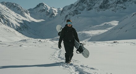 A snowboarder hikes through a snowy mountain landscape, carrying a snowboard on each shoulder.
