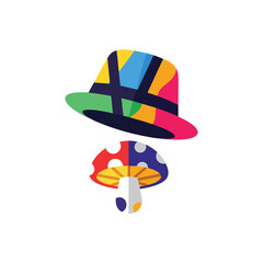 Vibrant Wonderland Hat and Toadstool. Discover a whimsical graphic depicting a bright mosaic headwear piece and a magical spotted toadstool. Evokes feelings of creativity, joy, and enchantment.
