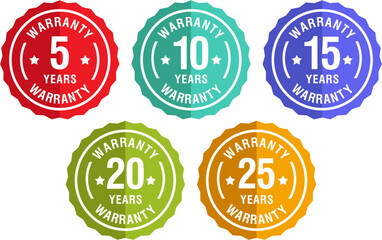Set of 10, 15, 20, and 25 years warranty and guarantee badges. Vector icons of quality assurance seals, product warranty labels, trusted guarantee emblems for branding and service