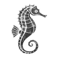 Vintage halftone seahorse vector illustration in black and white pointillism style for retro marine designs, prints, and collages © Alona
