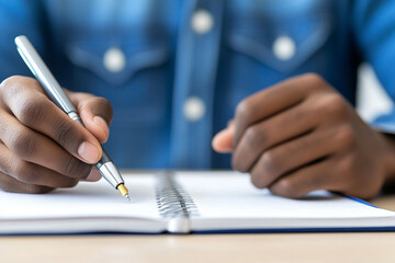 Person writing in a notebook with a pen indoors