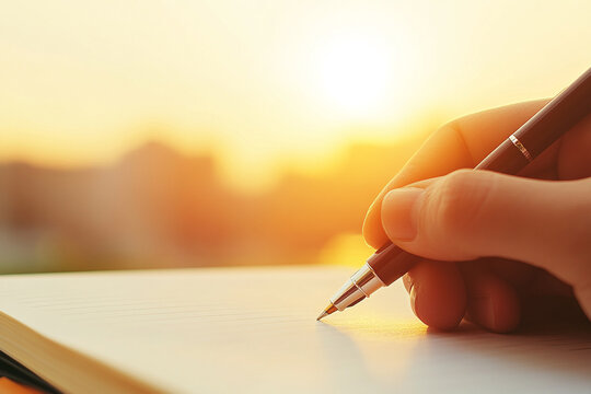 Person writes in a notebook during sunset with a pen